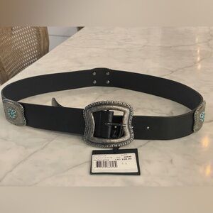 The Kooples Black Leather Belt with Silver Buckle